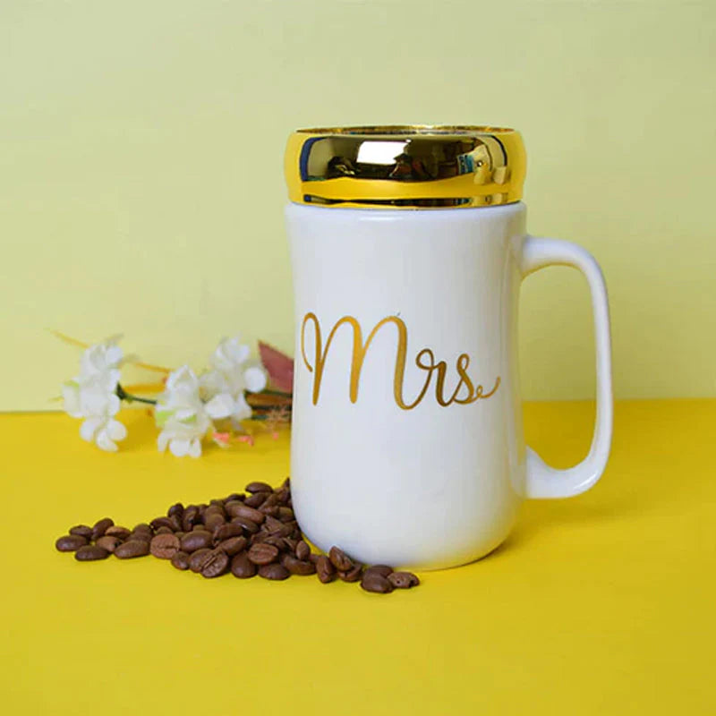 Mr and Mrs Couple Ceramic Mugs With Lid - Set of 2