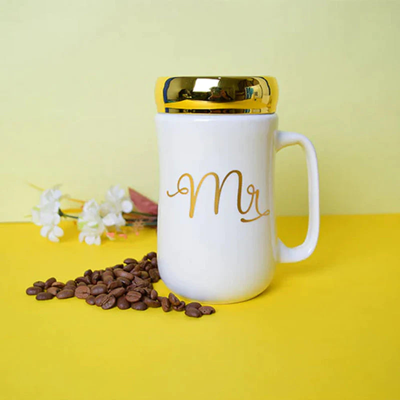 Mr and Mrs Couple Ceramic Mugs With Lid - Set of 2