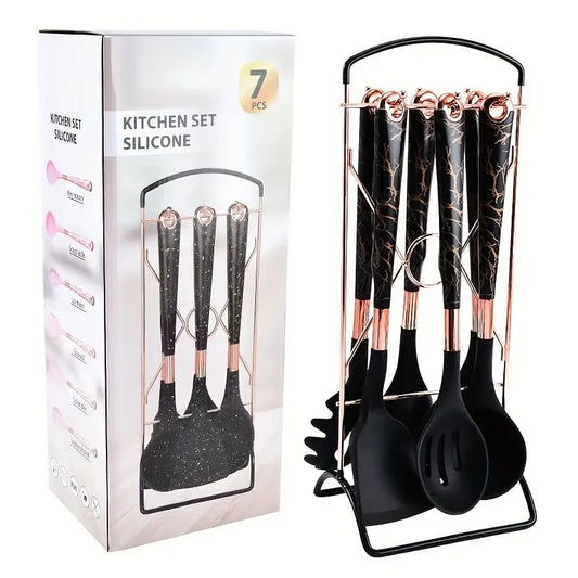 6 Piece Silicone Kitchenware Cooking Utensils Set With Storage Rack