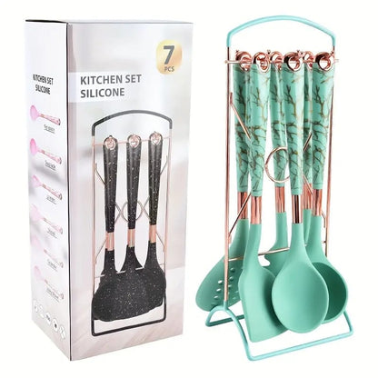 6 Piece Silicone Kitchenware Cooking Utensils Set With Storage Rack