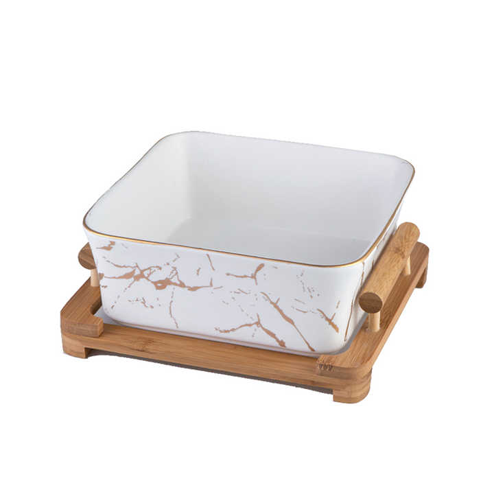 Northern European Marble Pattern Black/White Ceramic Square Fruit Salad Bowl With Wooden Rack