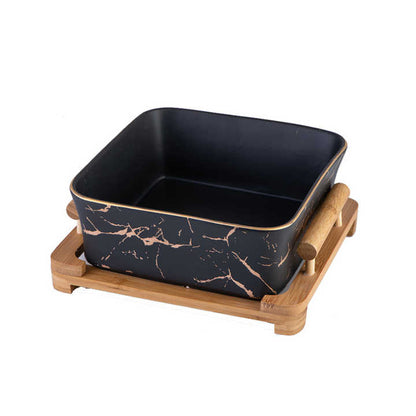 Northern European Marble Pattern Black/White Ceramic Square Fruit Salad Bowl With Wooden Rack