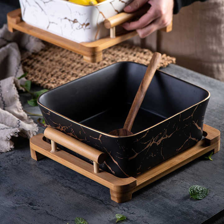 Northern European Marble Pattern Black/White Ceramic Square Fruit Salad Bowl With Wooden Rack