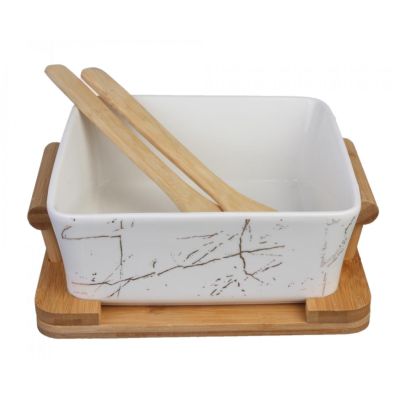 Northern European Marble Pattern Black/White Ceramic Square Fruit Salad Bowl With Wooden Rack