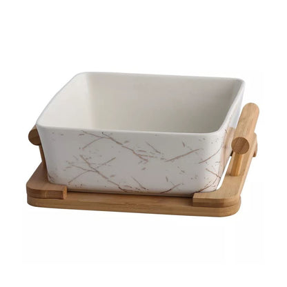 Northern European Marble Pattern Black/White Ceramic Square Fruit Salad Bowl With Wooden Rack