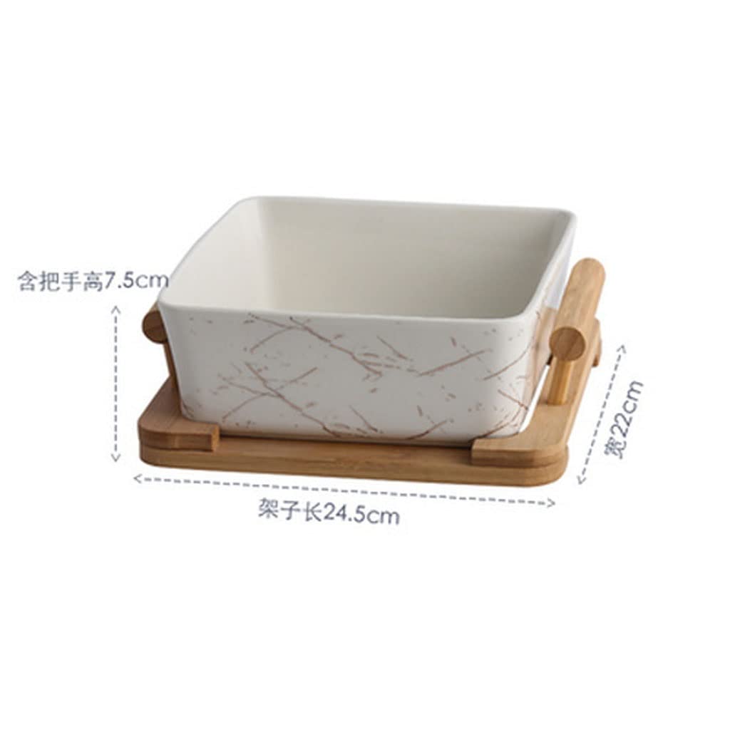 Northern European Marble Pattern Black/White Ceramic Square Fruit Salad Bowl With Wooden Rack