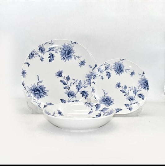 Blue Floral Haven Ceramic Plates Set - Set of 18