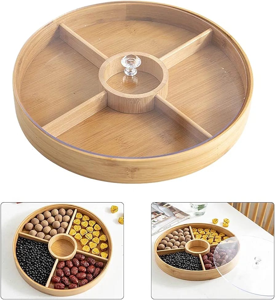 Round Multi Compartments Snack Storage Container Sectional Tray Wooden Candy Tray Dried Fruit Box For Candy/Dry Fruit/Nuts