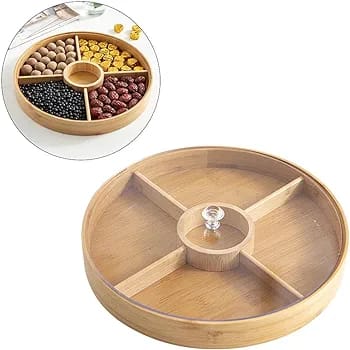 Round Multi Compartments Snack Storage Container Sectional Tray Wooden Candy Tray Dried Fruit Box For Candy/Dry Fruit/Nuts