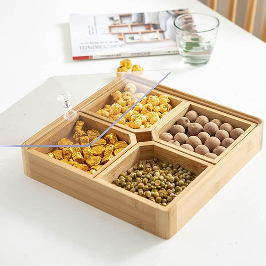 Bamboo Divided Serving Tray with Clear Acrylic Lid Dried Fruit Storage Box 4 Nuts snack candy plate