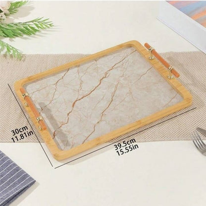 Vintage Style Beige Marble Printed Bamboo & Wood Serving Tray For Home Use