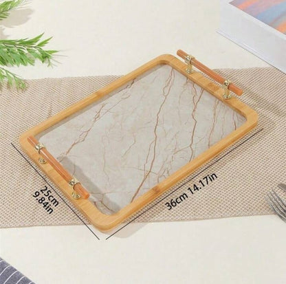 Vintage Style Beige Marble Printed Bamboo & Wood Serving Tray For Home Use