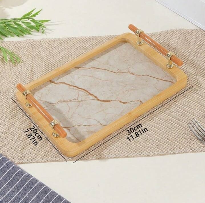 Vintage Style Beige Marble Printed Bamboo & Wood Serving Tray For Home Use