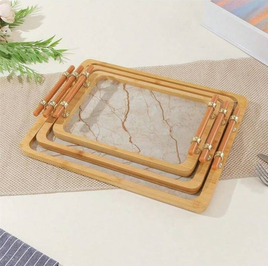 Vintage Style Beige Marble Printed Bamboo & Wood Serving Tray For Home Use