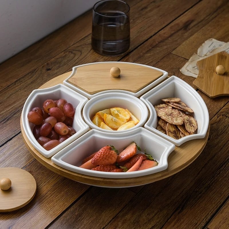 Round Snack Food Appetizer Platter Set Compartment Chip And Dip Bowl Serving Tray With Bamboo Stand And Lid