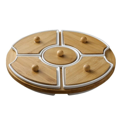 Round Snack Food Appetizer Platter Set Compartment Chip And Dip Bowl Serving Tray With Bamboo Stand And Lid