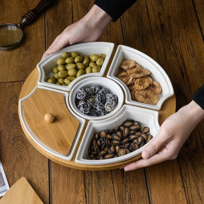 Round Snack Food Appetizer Platter Set Compartment Chip And Dip Bowl Serving Tray With Bamboo Stand And Lid