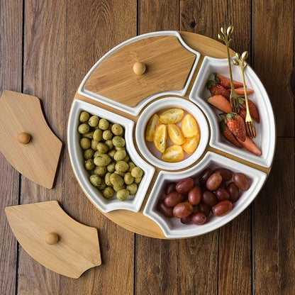 Round Snack Food Appetizer Platter Set Compartment Chip And Dip Bowl Serving Tray With Bamboo Stand And Lid