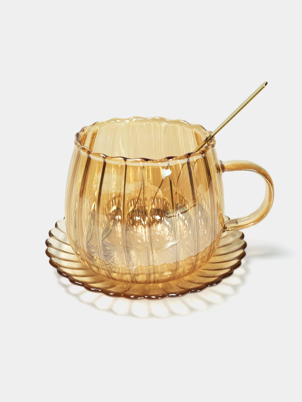 Gold Patterned Borosilicate Heat Resistant Tea Cup and Teapot Set with Base and Gold