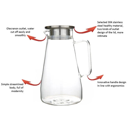 Water Jug Juice Pitcher Glass Jug with Stainless Steel Lid