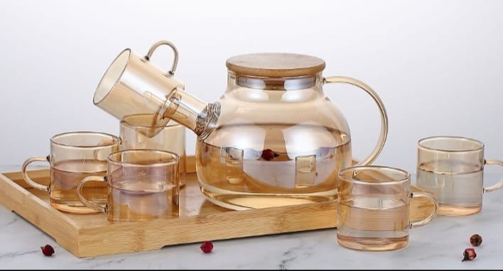 Japanese Style Kettle & Cup Set With Bamboo Tray