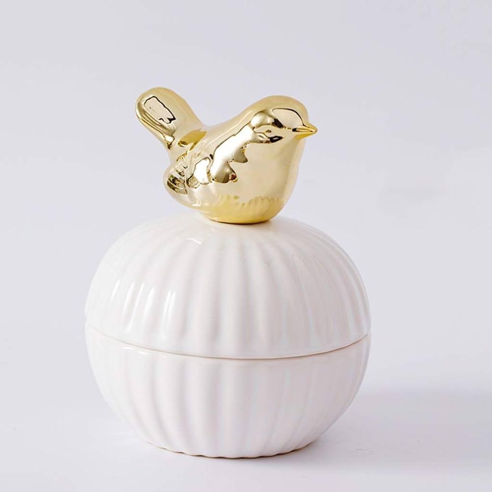 White Round Ceramic Candy Jar With Gold Animal Lid