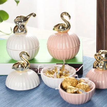 White Round Ceramic Candy Jar With Gold Animal Lid