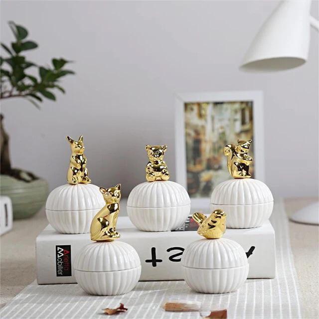 White Round Ceramic Candy Jar With Gold Animal Lid