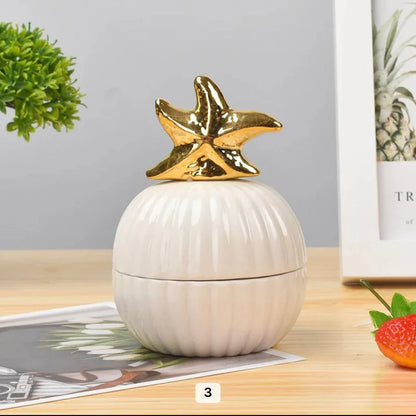 White Round Ceramic Candy Jar With Gold Animal Lid