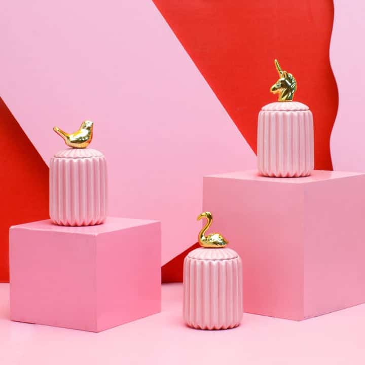 Pink Ceramic Candy Jars With Golden Animal Lid